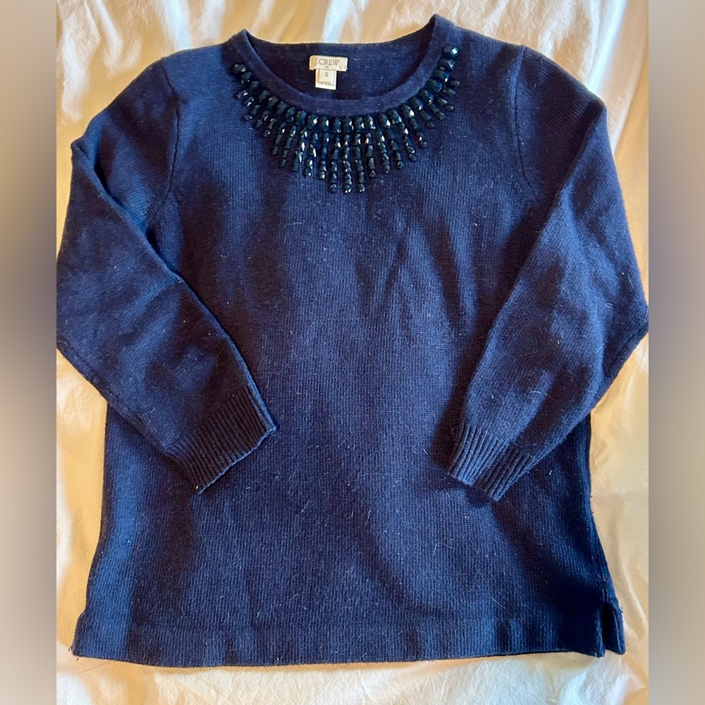 J. Crew Navy Sweater with Embellished Neckline size small